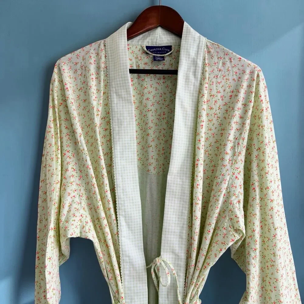 Charter Club Cottagecore Mint Green Floral Gingham Cotton Kimono Wrap Robe XL